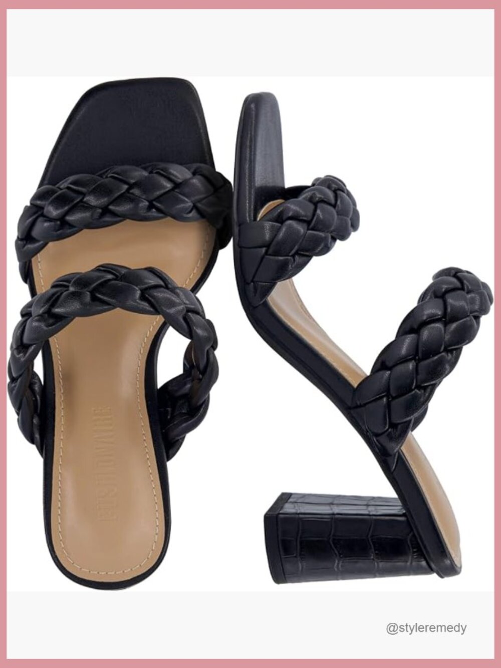 Faux Suede Block Heel Sandals - Braided Square Toe with Memory Foam